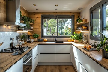 small modern minimalist wooden kitchen in the apartment advertising food photography