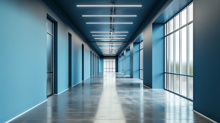 Modern office corridor with bright windows and blue walls