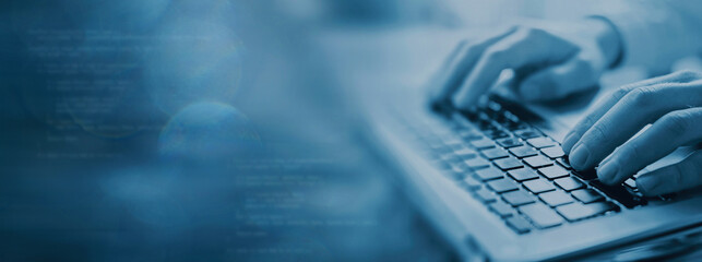 internet technology and computer science, closeup hands typing on keyboard, banner background with copyspace
