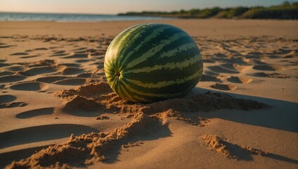 Watermelon on the sand near the water