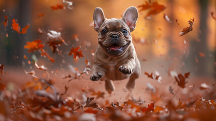 A small French Bulldog jumping joyfully into a pile of autumn leaves, its wrinkled face beaming with delight.
