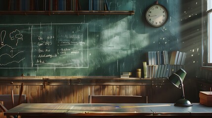 Sunlight streams through a window onto a desk and blackboard in a tranquil study room