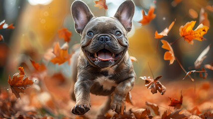 A small French Bulldog jumping joyfully into a pile of autumn leaves, its wrinkled face beaming with delight.