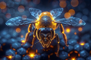 bee made entirely out of black and yellow neon honeycomb 