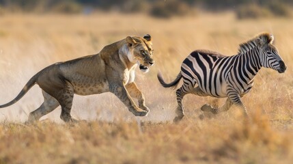 LIONESS CHASING A ZEBRA