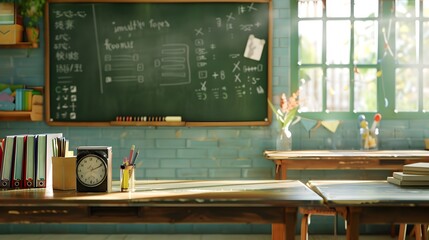 Sunlit classroom with books and chalkboard awaiting students
