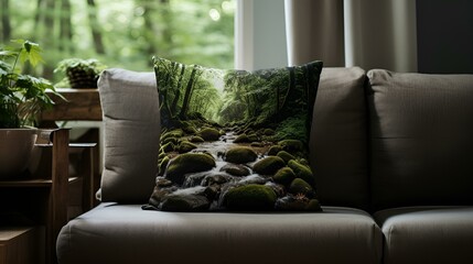  A pillow in a forest with a stream flowing through it,