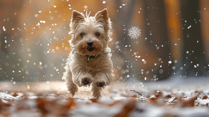 A small West Highland White Terrier jumping with glee, trying to catch a falling snowflake in a wintry wonderland.