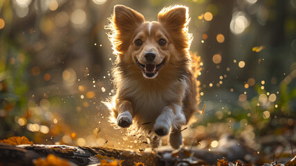 A small Shetland Sheepdog bounding eagerly over a fallen log in a serene forest glade, bathed in soft morning light.