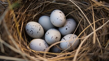 Obraz premium Close-up of speckled bird eggs nestled in a cozy nest