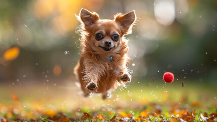A tiny Chihuahua soaring through the air with ears flapping, aiming for a frisbee in a grassy backyard.