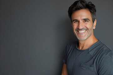 Obraz premium Mature man with dark hair showing a friendly and approachable smile in casual wear