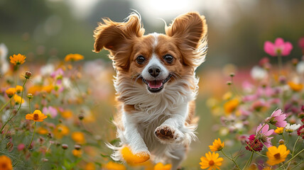 A tiny Papillon dog jumping joyfully through a field of wildflowers, its ears flapping in the breeze.