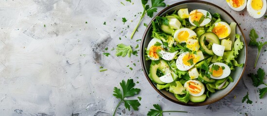 Avocado and egg salad on a light stone background with empty space for text. View from above.