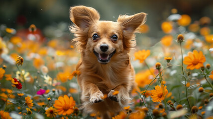A tiny Papillon dog jumping joyfully through a field of wildflowers, its ears flapping in the breeze.