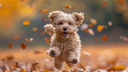 A tiny Toy Poodle dog jumping joyfully into a pile of colorful autumn leaves, its curly fur bouncing with each leap.