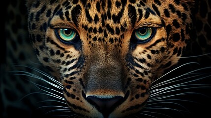 Fototapeta premium Majestic close-up portrait of a fierce jaguar with intense blue eyes