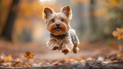 A tiny Yorkshire Terrier bouncing with glee, leaping over a fallen tree branch in a serene woodland clearing.