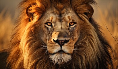 Fototapeta premium Majestic lion portrait at golden hour in savanna