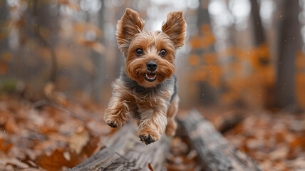 A tiny Yorkshire Terrier bouncing with glee, leaping over a fallen tree branch in a serene woodland clearing.