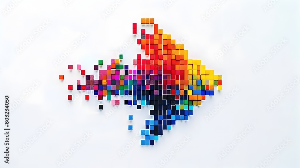 Poster pixelated multicolor arrow cursor on clean white background