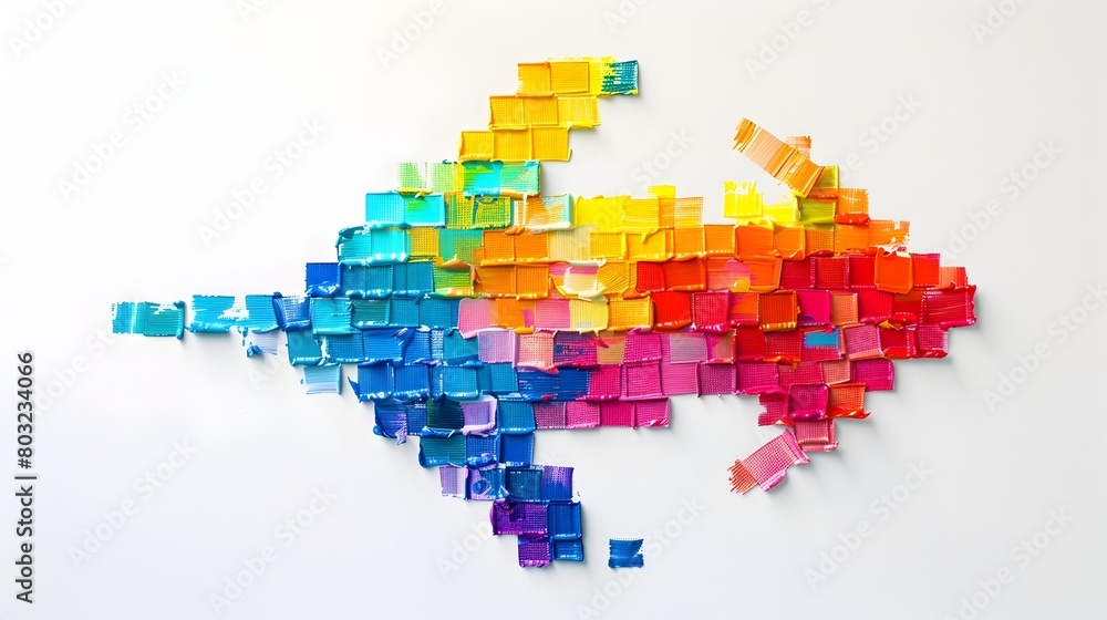 Poster vibrant pixelated arrow composed of color samples on white background