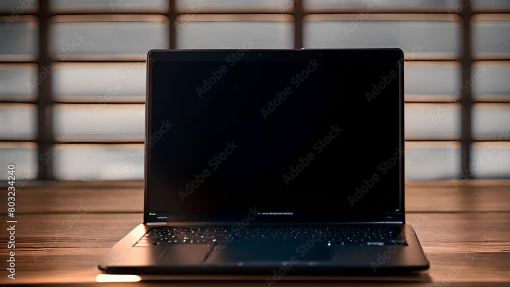 Poster laptop computer with rocket launch on wooden table generative ai