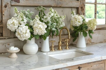beautiful light white kitchen with golden details and granite countertop