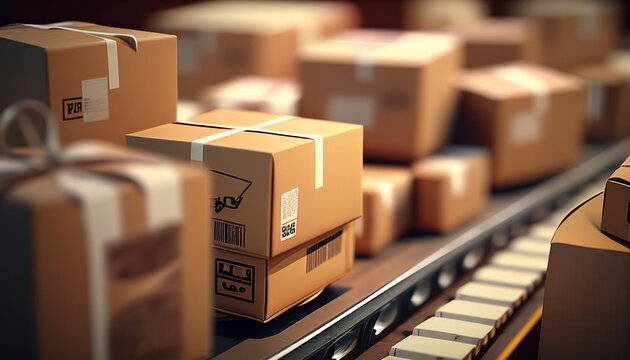 Vibrant and detailed image of multiple cardboard boxes on a conveyor belt, creating a hyper-realistic depiction with bright lighting. 