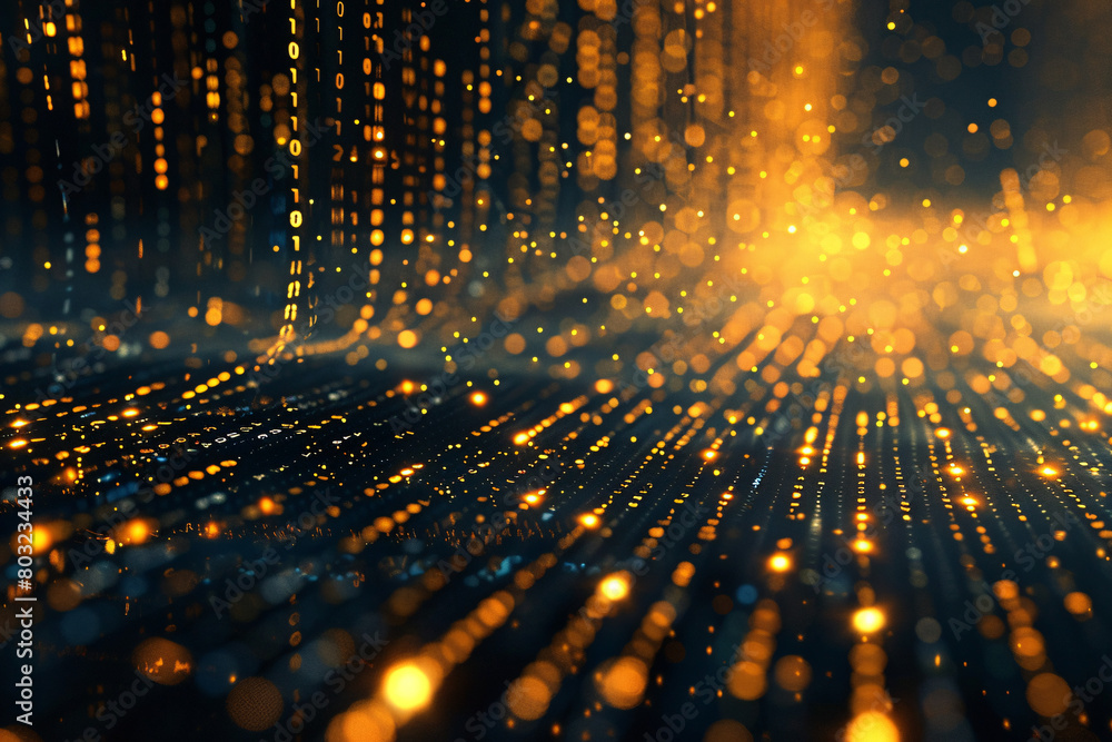 Poster dynamic light streaks in golden hues with a dark background creating a sense of motion