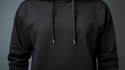 Close-up of a plain black hoodie worn by an adult