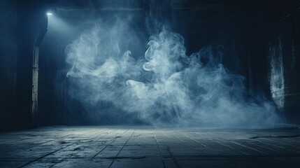Mysterious blue fog in a dark urban alleyway