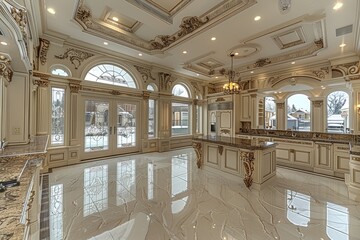 beautiful light white kitchen with golden details and granite countertop