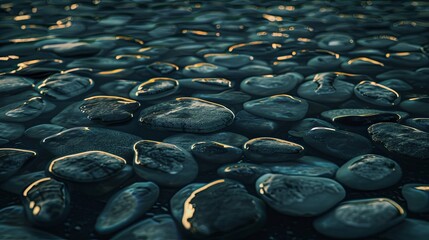 Obraz premium Serene pebble beach at sunset with golden light reflection