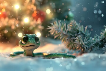 Festive Snake Toy Under Christmas Tree with Snowy Bokeh Background