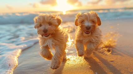 Two fluffy dogs racing each other along a sandy beach at sunset.