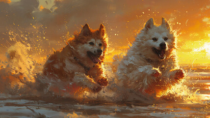 Two fluffy dogs racing each other along a sandy beach at sunset.