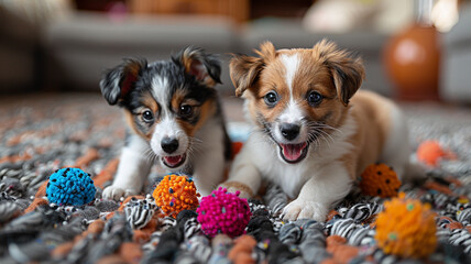Two playful puppies chasing each other around a cozy living room filled with scattered toys and cushions.