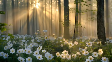 Obraz premium Beautiful white primroses in spring in the forest close-up in sunlight in nature. Spring forest landscape with blooming white anemones and trees.