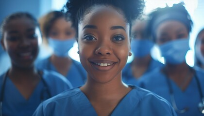 Young female nursing student with her team of medical students and doctors. Junior doctor portrait. Medical internship. Inclusive and diverse healthcare team. Healthcare concept. AI - obrazy, fototapety, plakaty