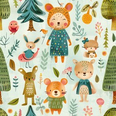 A seamless pattern with cute woodland animals and birds in a forest setting. The animals are wearing clothes and the background is light blue with green and pink accents.