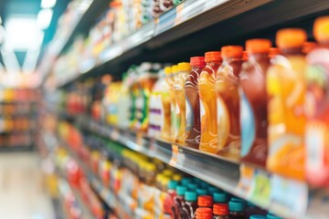 Fototapeta premium Supermarket Aisles with Colorful Products in Soft Focus Background