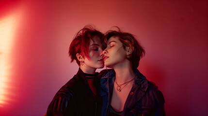 Two queer women sharing a kiss under a red light, showcasing modern style.
