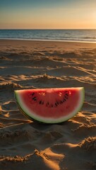 Watermelon on the sand near the sea