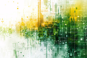 Dynamic green and yellow abstract cityscape with digital overlay