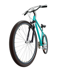 Fototapeta premium Blue teal bicycle, front side view with wide angle shot of the front wheel. Black leather saddle and handles. Png clipart isolated on transparent background