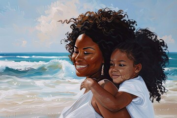 Mom and daughter are enjoying their vacation on the seaside beach. The joy of childhood.