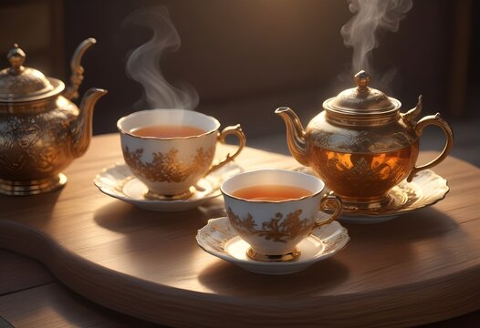 international tea day with a  royal cup of hot tea and kattle of tea behind it luxrious background 