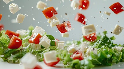 An explosion of Caesar vegetable salad with soft cheese in a transparent cup. The concept of healthy food.