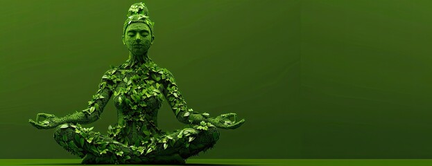 Portrait of a young woman sitting in a zen pose made of green leaves. A forest fairy tale fairy. Place for the inscription.